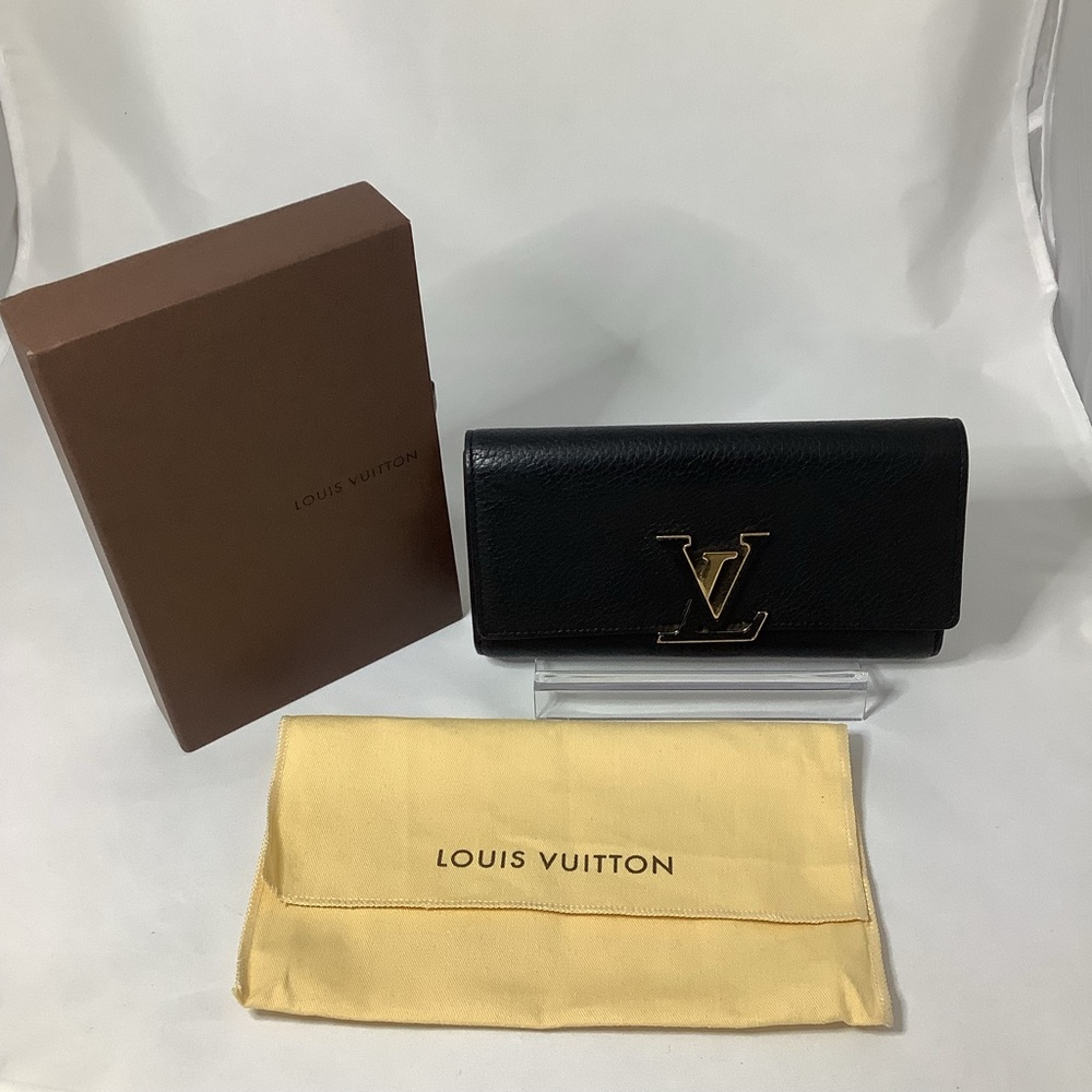 Louis Vuitton Black Leather Wallet with Gold LV Logo